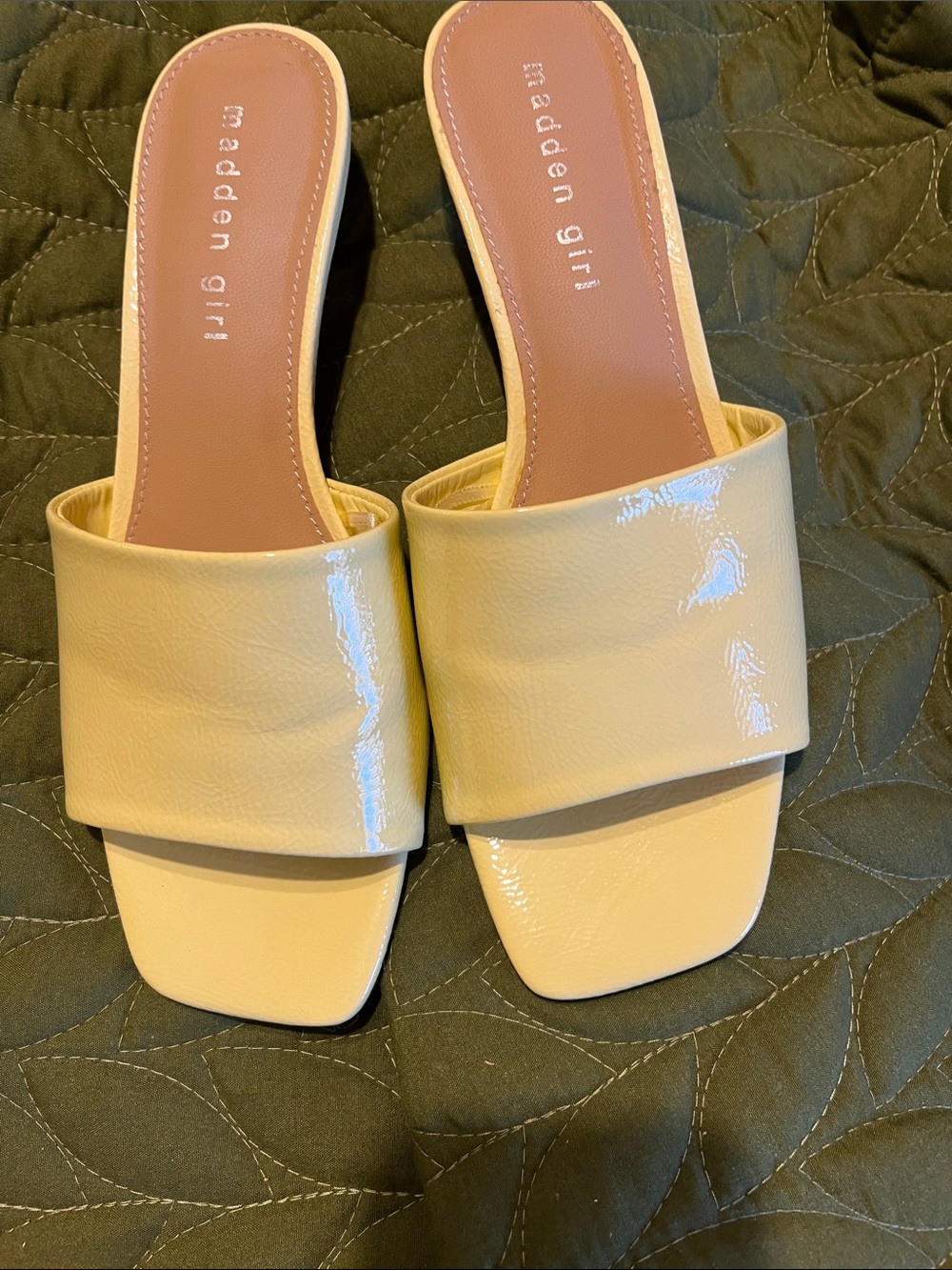 Madden Girl Cream Patent Slide Mules